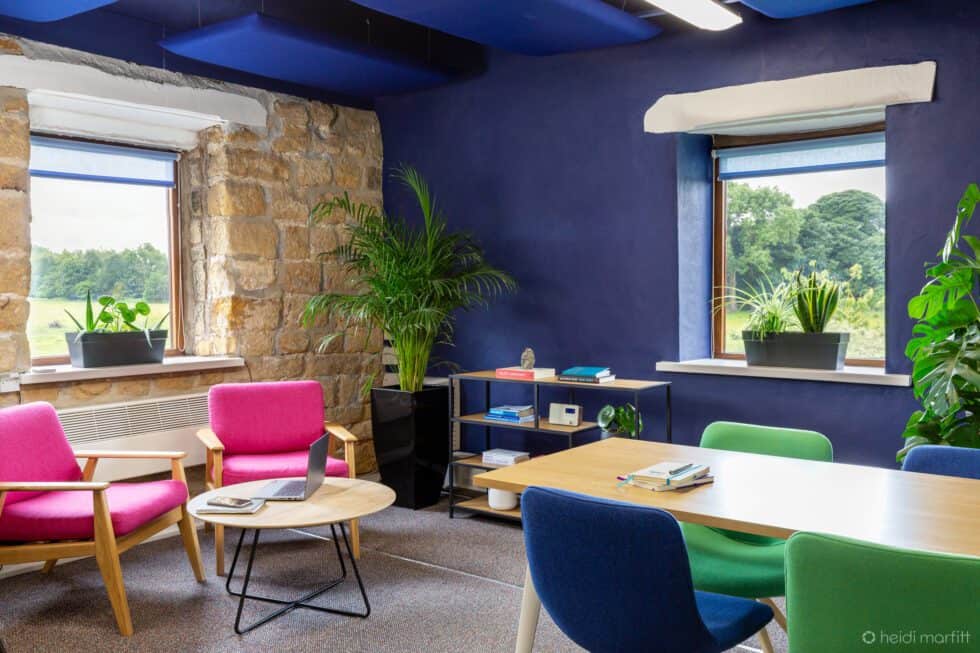 Navy blue walls in an office in a barn, with pink armchairs and blue and green chairs at the desk