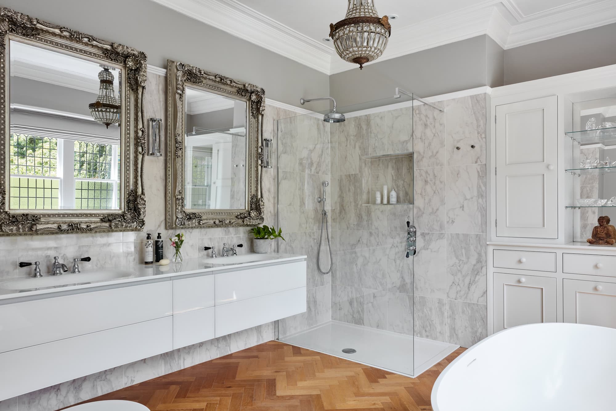 Elegant bathroom with marble features.